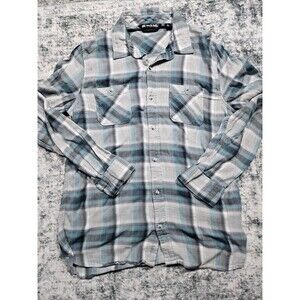 Travis Mathew Mens Flannel Shirt Button Up Lightweight Gray Blue Plaid Large